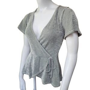 Caution to the Wind Green & White Striped Faux Wrap Top (S)